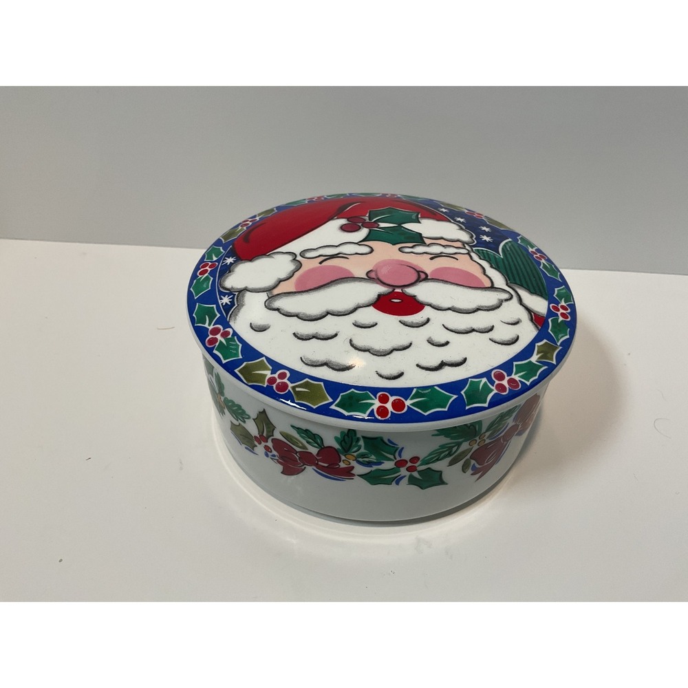 Mikasa Santa's Glow Round Covered Box Ultra Ceramic Jenny Fawn Christmas Japan